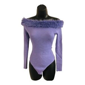 Purple faux fur trim off the shoulder ribbed knit sweater bodysuit size medium